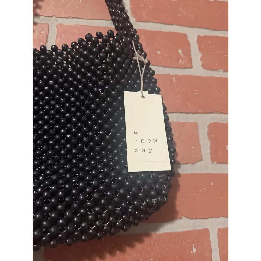 A New Day Black Beaded Handbag – Chic Shoulder Purse with Snap Closure